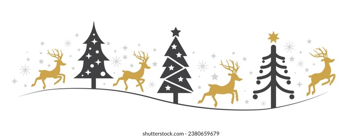 Collection of golden Reindeers, black Christmas trees and silver stars in different design. For web and printed materials - posters, leaflets, flyer, brochures.
