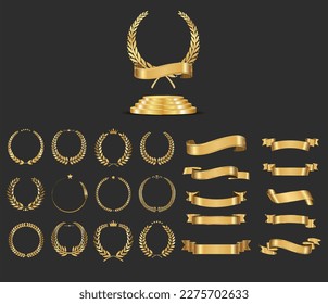 Collection of golden ribbons and laurel wreaths and gold podium vector illustration