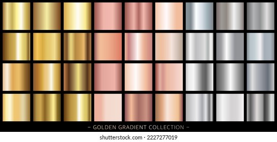 Collection
Golden, rose gold and silver gradient, modern combinations of colors and shades. Gradient color palette in the form of squares. Vector.