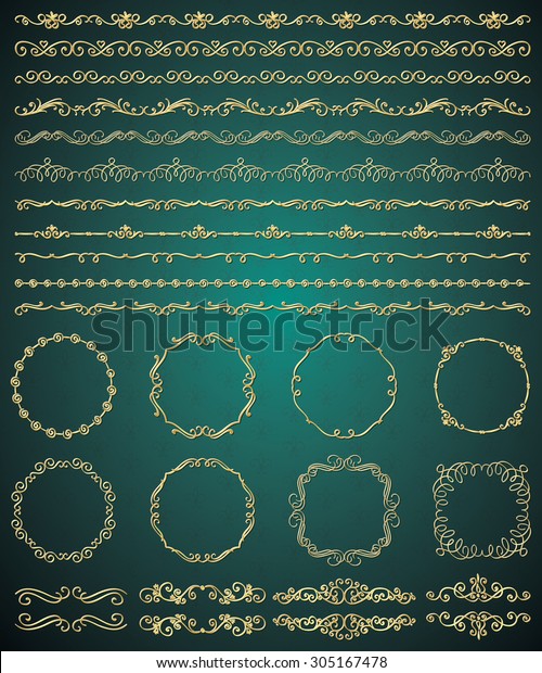 Collection of Golden Royal Luxury Hand Sketched\
Artistic Rustic Decorative Doodle Vintage Seamless Borders, Swirls,\
Dividers, Text Frames. Design Elements. Drawn Vector Illustration.\
Pattern Brashes