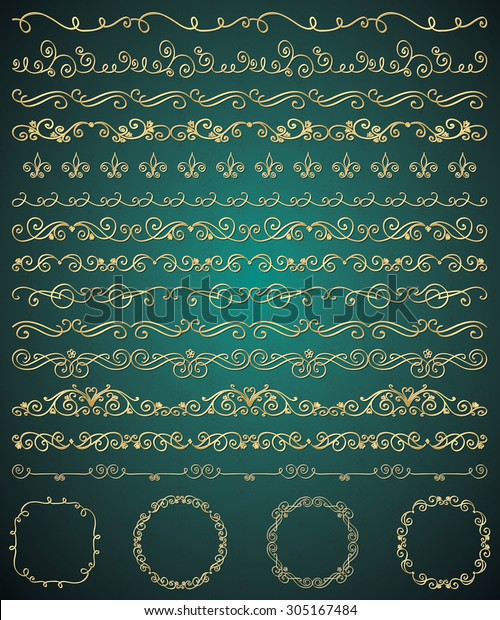 Collection of Golden Royal Luxury Hand Sketched\
Artistic Rustic Decorative Doodle Vintage Seamless Borders, Swirls,\
Dividers, Text Frames. Design Elements. Drawn Vector Illustration.\
Pattern Brashes