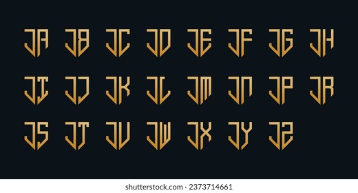 Collection of golden shield logos with geometric abstract logo letters