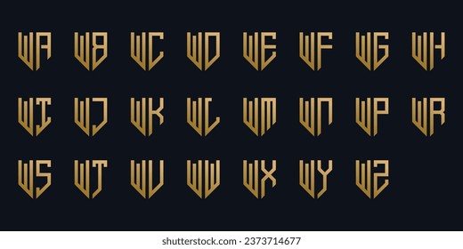 Collection of golden shield logos with geometric abstract logo letters