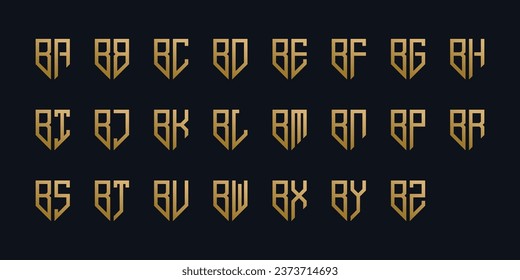 Collection of golden shield logos with geometric abstract logo letters