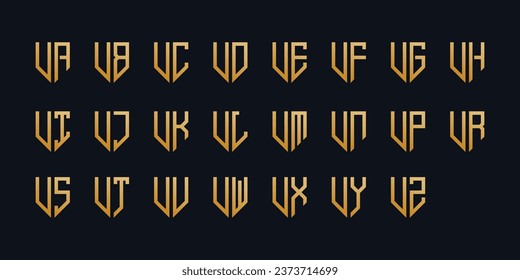 Colección de logotipos de escudo dorado con letras de logotipo geométricas abstractas
