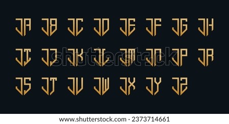 Collection of golden shield logos with geometric abstract logo letters