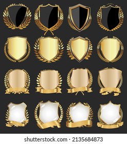 collection of golden shields and laurel wreath 