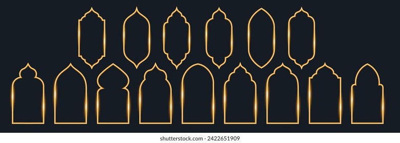 A collection of golden shining 3d frames in Arabic, Indian style. The silhouette of windows and doors of mosques and temples. Vector design elements for app buttons, website parts, typography