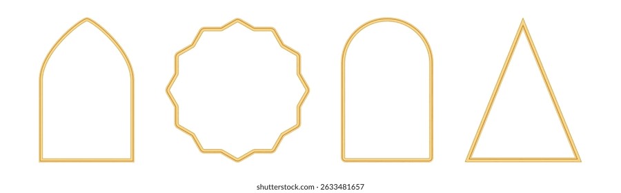 Collection of golden shiny arches. Window shape, gate, door, geometric arch in oriental style. Luxury realistic polygonal vignette frame. 3d elegant triangular design element. Vector illustration