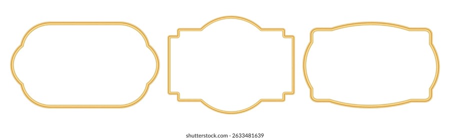 Collection of golden shiny frames in oriental style. Luxury islamic ornamental frame, arabesque border. Indian decorative element, morocco shapes. Vector illustration for greeting card, design