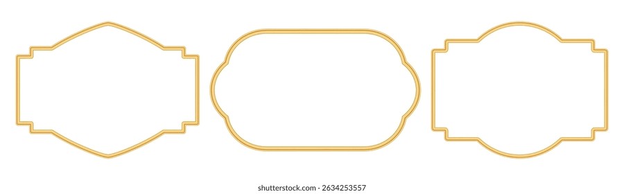 Collection of golden shiny luxury frames in oriental style. Islamic ornamental frame, arabesque border. Indian decorative element, morocco shapes. Vector illustration for greeting card, design