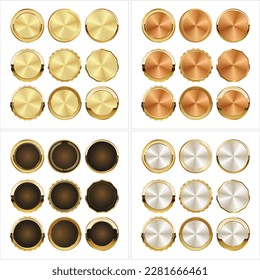 Collection of golden silver bronze and brown badges and labels retro style