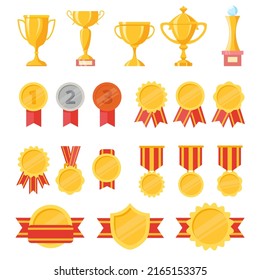 Collection of golden, silver and bronze medals, cups and badges. Set of trophy or awards for winners isolated on white. Metal symbols of success, championship and triumph. Vector illustration