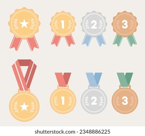 Collection of golden, silver and bronze medals for winners. Gold award for first place.