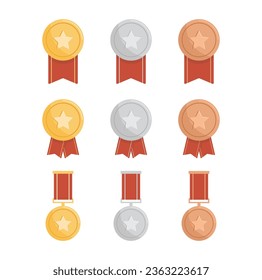 Collection of golden, silver and bronze medals and badges, awards for winners isolated metal symbols of success, championship triumph concept flat vector illustration.