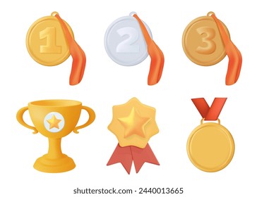 Collection of golden, silver and bronze medals, cups and badges vector 3D illustration. Set of trophy or awards for winners isolated. Metal symbols of success, championship and triumph