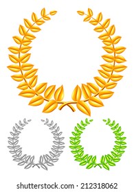Collection of golden, silver and green laurel wreaths.