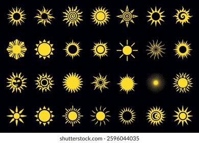 Collection of golden sun symbols. A set of various golden sun icons with different shapes and designs, shining bright against a black background. Great for astrology, weather icons, or spiritual art