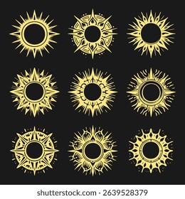 Collection of Golden Sunburst Designs and Celestial Symbols
