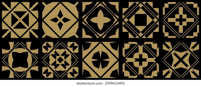 A collection of golden symmetrical tile patterns in an elegant vintage style. Suitable for interior decoration, packaging, and high-end branding projects.
