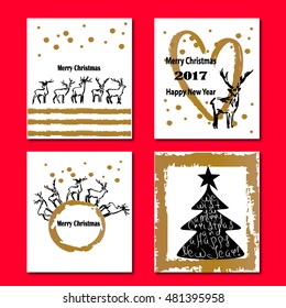 Collection golden texture Christmas and New Year. Set postcard with deer, moose print. Vector illustration