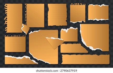 Collection of golden torn paper note pieces with jagged uneven edges, ripped corners, notebook textures and layered scraps for luxury stationery, isolated on dark background vector illustration