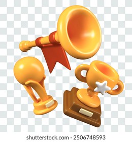Collection of golden trophies for sports competition, tournament, championship