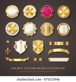 collection of golden vector design elements - blank seals, medals, shields / coats of arms, badges, banners, ribbons, scrolls and ornaments with transparent shadows