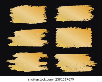 Collection of golden vector textured brush splashes. Detailed rough luxury blots, ink smears, paint smudges, pencil stains as text boxes. Six freehand paintbrush strokes, artistic design elements