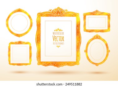 Collection of golden watercolor vintage frames. Vector illustration. Isolated.