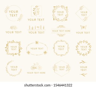 Collection of golden wedding branding with floral elements. Wreaths and frames for feminine design. Vector isolated.