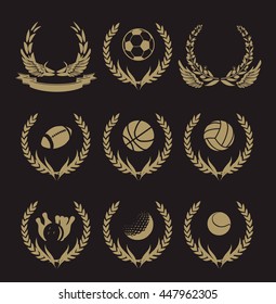 Collection of golden wreath illustration, sport symbols, isolated on black