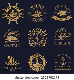 collection of golden yacht club icons isolated on black background