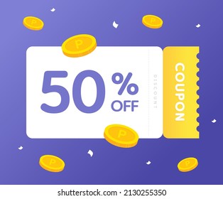 A collection of golden yellow coupons that offer 50% off discount at a shopping mall illustration set. gold, voucher, gift, point, payback. Vector drawing. Hand drawn style.