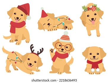 The collection of goldenretriever in many actions for Christmas theme. Graphic resource about bulldog for graphic, content, etc.