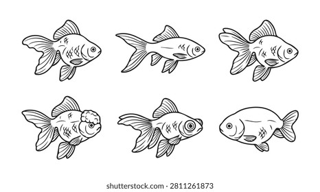 Collection of goldfish illustrations in hand drawn outline style with goldfish aquarium underwater wildlife swimming illustration monochrome movement collection isolated background stylized