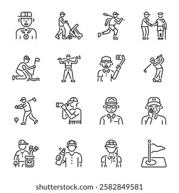 Collection of Golf Characters Linear Style Icons  