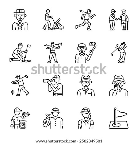 Collection of Golf Characters Linear Style Icons  