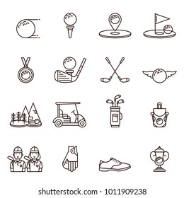 Collection Of Golf Equipment Icons And Symbols In Flat Outline Design: Golfball, Tee, Hole, Course, Cart, Bag, Golfer, Cup, Bag, Club, Shoe, Glove, Medal.  Set Of Golfing Game Line Signs And Elements.