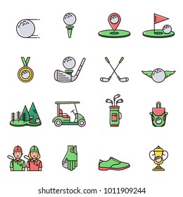 Collection of golf equipment icons and symbols in flat color line design: golfball, tee, hole, course, cart, bag, golfer, cup, bag, club, shoe, glove, medal.  Set of golfing game signs and elements.