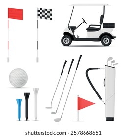 A collection of golf equipment including various clubs, a golf ball, tees of different colors and a cart necessary for playing on the course