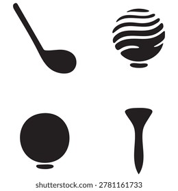 Collection of golf essentials: a golf stick, two distinct golf balls, and a golf tee. flat, clean, and isolated.