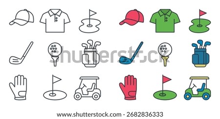 Collection of Golf Icons on Light Background Featuring Caps, Polo Shirts, Flags, Golf Clubs, Balls, Tees, Bags, Gloves, and Golf Carts in Outline and Color Styles