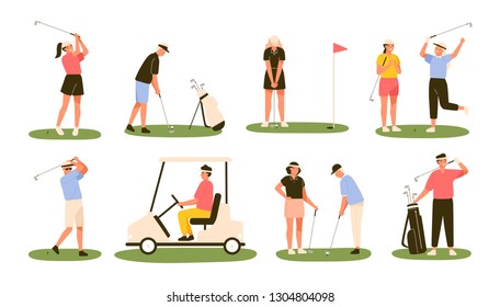 Collection of golf players isolated on white background. Bundle of male and female golfers hitting ball with clubs, driving cart. Outdoor sports or leisure activity. Flat cartoon vector illustration.