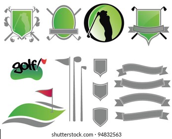 Collection of golf ribbons, labels, badges and icons