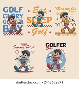 Colección de Golfer Cute Guy Holding Golf Vintage Sport Mascota Personaje Diseño de dibujos animados Conjunto de ilustración	
