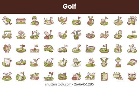 Uma coleção de ícones de golfe com equipamentos, eventos e cenários, enfatizando o espírito lúdico e competitivo do esporte em um design caprichoso.
