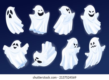 Collection good and evil flying ghosts vector flat illustration. Set shining mystery monsters Halloween scary and friendly characters. Funny cartoon magic spooky ghostly creature in costume