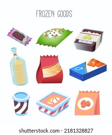 Collection of goods and frozen food section of a grocery store or online  marketplace. Isolated vector illustration with  fruit and vegetables, pancakes ice cream and pizza.