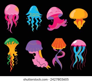 Colección de hermosos animales marinos medusas aisladas sobre fondo negro. Haz medusa de medusa de varios tipos. Fauna marina, criaturas acuáticas. Ilustración vectorial colorida de dibujos animados plana.